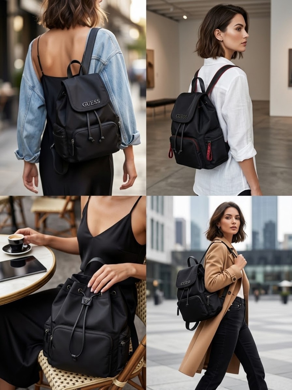 GUESS Black Nylon Drawstring Backpack with Front Pocket